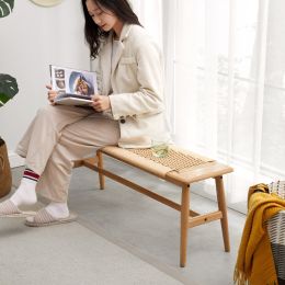 Woven Design Natural Oak Wood Dining Bench Bed Bench for Dining Room; Bedroom; Bathroom