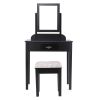 53.5''H Elegant Wood Makeup Vanity Set Dressing Table Furniture with Rotating Rectangular Mirror and Drawer, Black XH