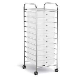 Rolling Storage Cart Organizer with 10 Compartments and 4 Universal Casters (Color: Transparent)