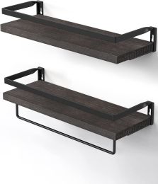Floating bathroom shelf with towel rail; bathroom/living/kitchen/bedroom wall shelf set of 2; light brown; dark brown; black. (Color: Dark brown)